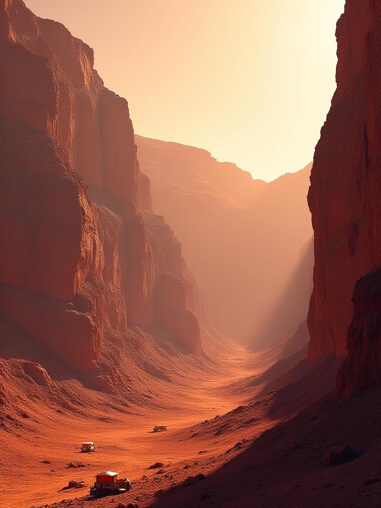 Vast red canyons of Mars at dusk